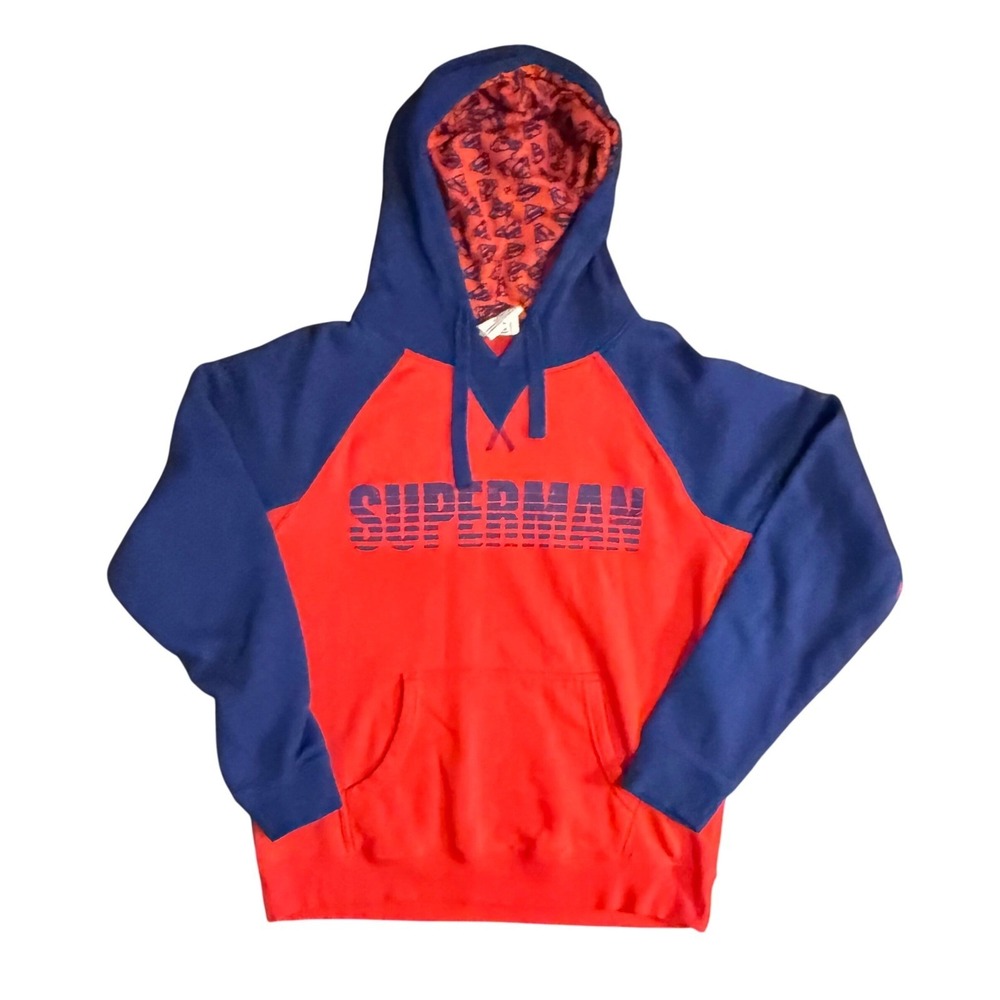 Six Flags Superman Hoodie Pullover Mens L Red Blue Raglan